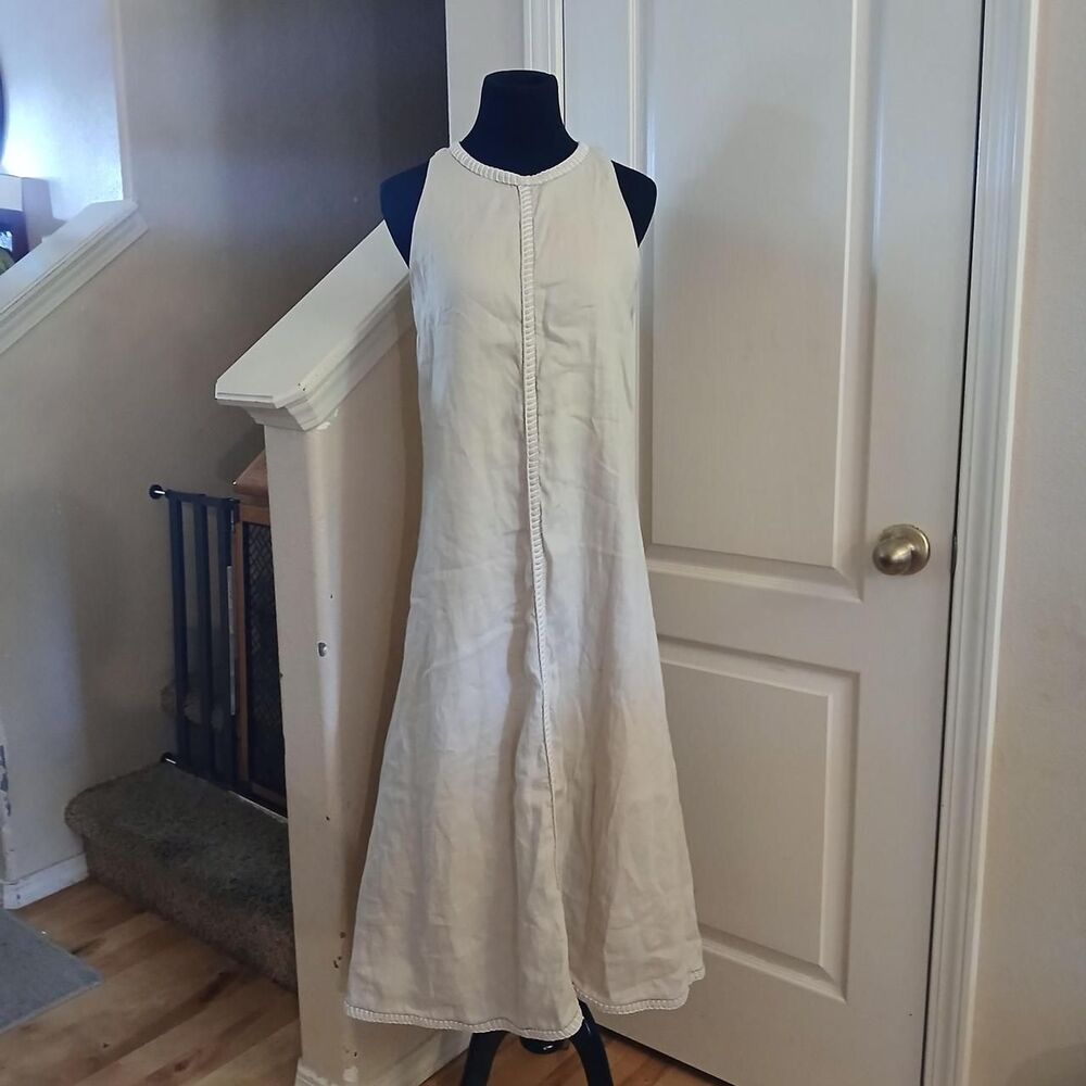Magaschoni Cream 100% Linen Maxi Dress 6 Tan White Stitch Accents Old Money